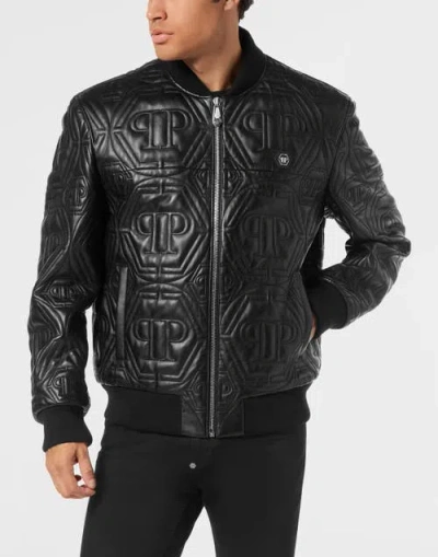 Philipp Plein Embossed Leather Bomber Monogram Men In Black