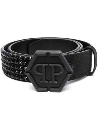 Philipp Plein Embossed-logo Buckle Belt In Black