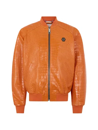 Philipp Plein Embossed-leather Bomber Jacket In Orange