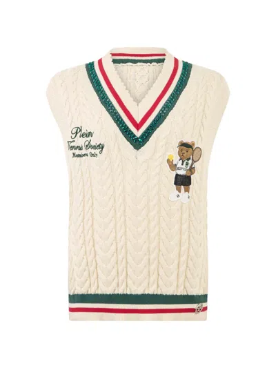 Philipp Plein Embroidered Cable-knit V-neck Vest In Neutral