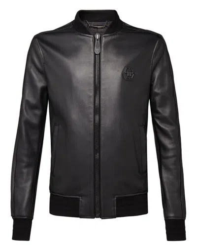 Pre-owned Philipp Plein Embroidered Lambskin Black Men's Genuine Leather Jacket
