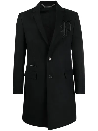 Philipp Plein Embroidered-logo Single-breasted Coat In Black