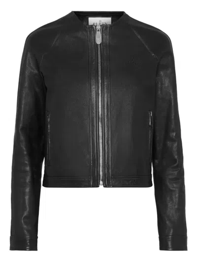 Philipp Plein Embroidered-logo Zip-front Leather Jacket In Black