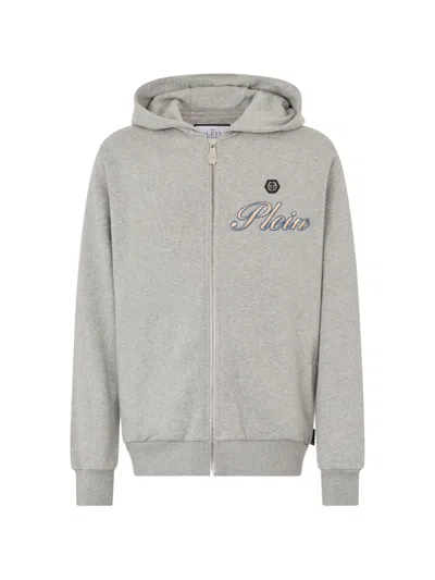 Philipp Plein Embroidered-logo Zip-up Hoodie In Gray