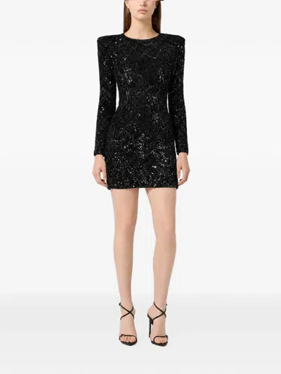 Philipp Plein Embroidered Long-sleeved Mini Dress Crystal Skull In Black