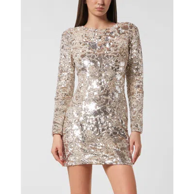 Philipp Plein Embroidered Long-sleeved Mini Dress Crystal Skull Women In Beige