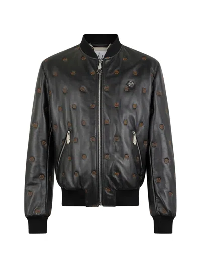 Philipp Plein Embroidered Nappa Leather Bomber Jacket In Black