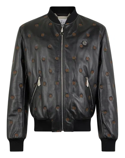 Philipp Plein Embroidered Nappa Leather Bomber Monogram Monogram In Black