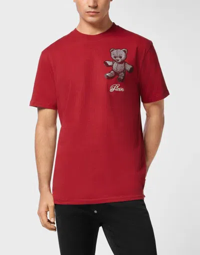 Philipp Plein Embroidered Round Neck T-shirt Strass Teddy Bear Men In Red
