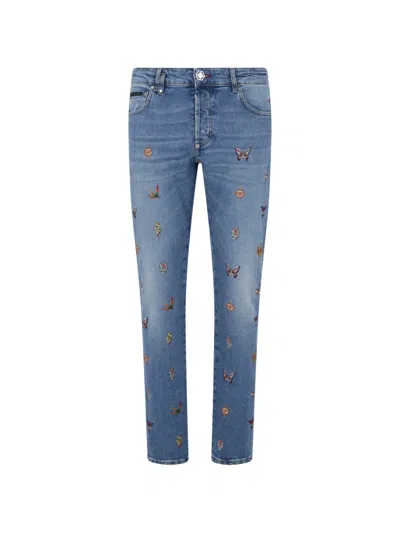 Philipp Plein Embroidered Straight Jeans In Blue