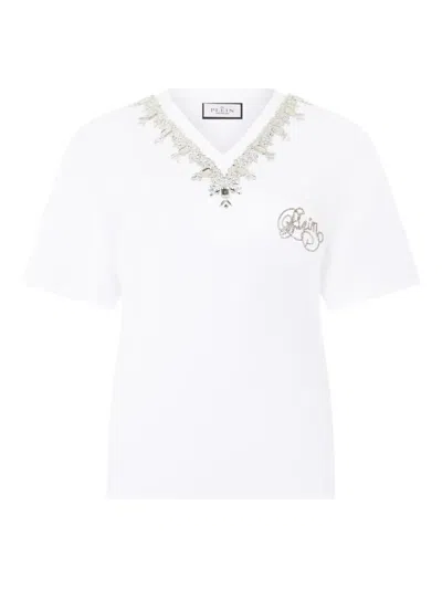 Philipp Plein Embroidered V-neck T-shirt In White