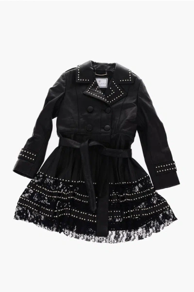Philipp Plein Est.1978 Studded Leather Double Breasted Overcoat With Lace In Black