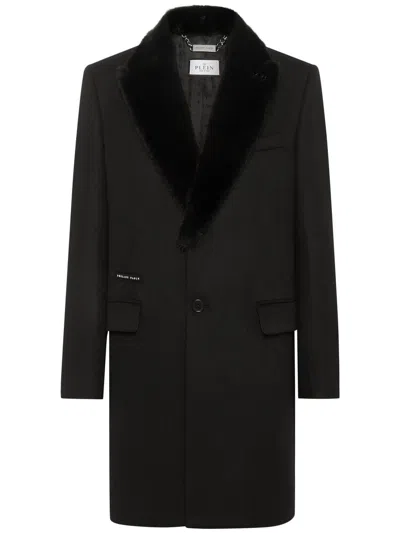 Philipp Plein Faux Fur-trim Single-breasted Coat In Black