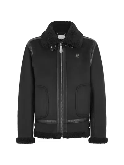 Philipp Plein Faux-shearling Trimmed Jacket In Black