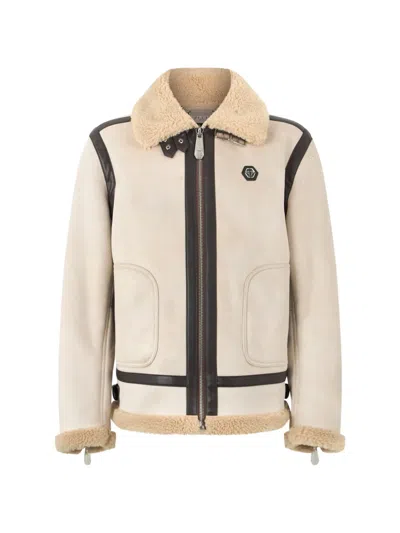 Philipp Plein Faux-shearling-trim Panelled Jacket In Neutral