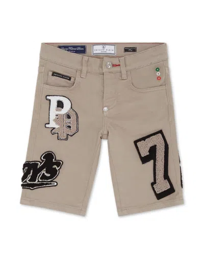 Philipp Plein Kids' Logo-patch Cotton Shorts In Neutrals