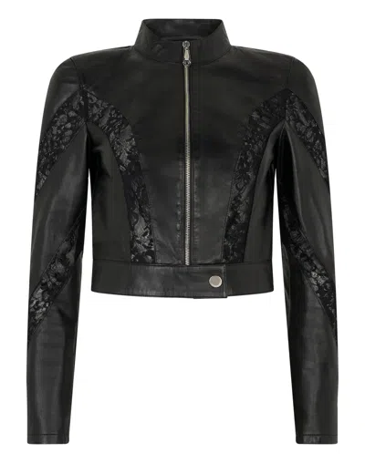 Philipp Plein Fitted Biker Jacket With Lace Inserts In Black