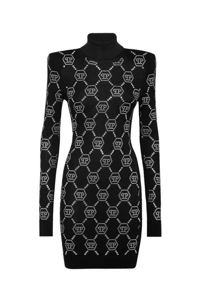 Philipp Plein Turtleneck Long Sleeves Embellished Pattern Dress In Black