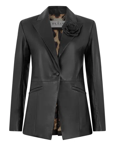 Philipp Plein Fitted Leather Blazer Flower In Black