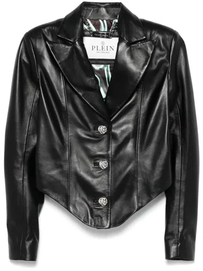 Philipp Plein Flamelong Sleeve Vintage Leather Blazer In Black  
