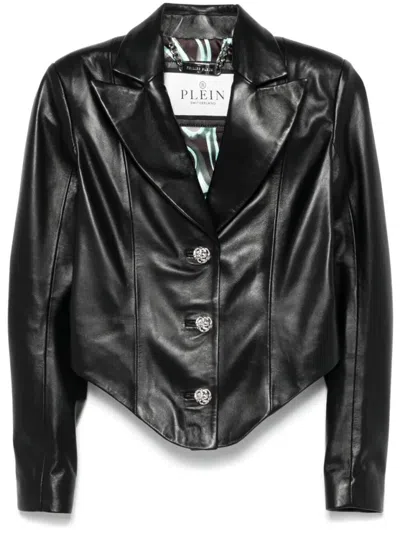 Philipp Plein Flamelong Sleeve Vintage Leather Blazer In Black  