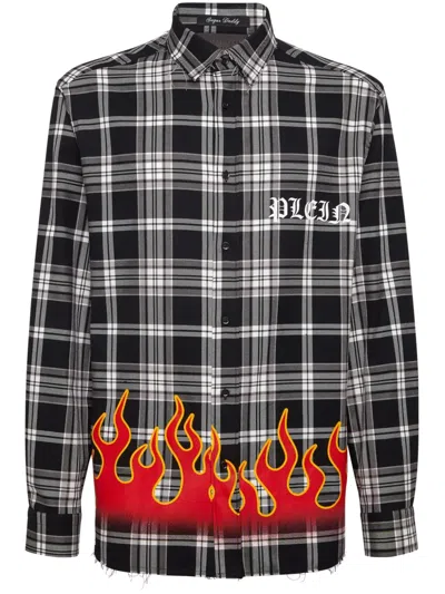Philipp Plein Flame-print Plaid Cotton Shirt In Black