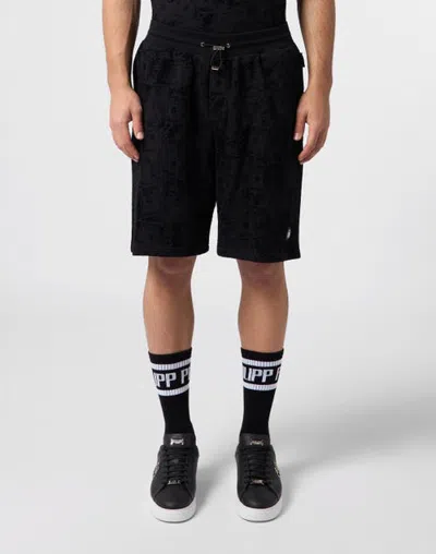 Philipp Plein Fleece Shorts All-over Dollar Skull Men In Black