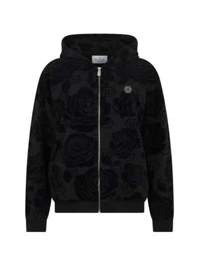 Philipp Plein Flock Flower Monogram Hoodie In Black