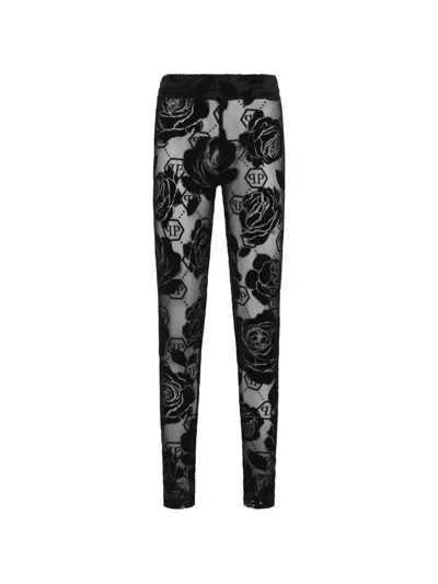 Philipp Plein Flock Flower-monogram Leggings In Black