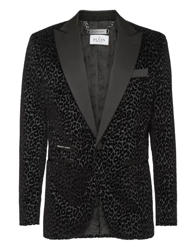 Philipp Plein Flock Velvet Blazer Lord Fit Sartorial In Black