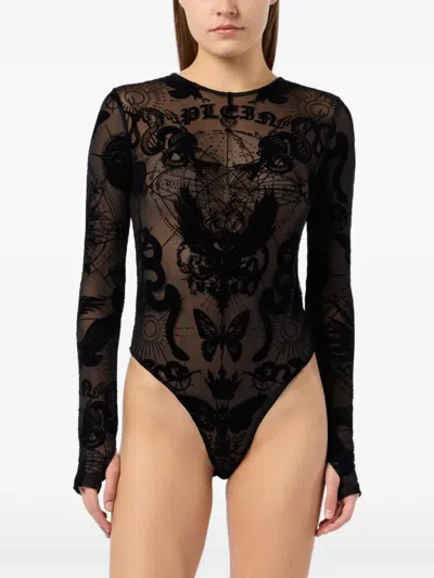 Philipp Plein Flocked Print Long-sleeve Bodysuit In Black