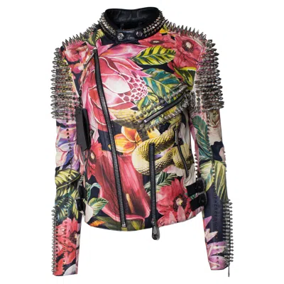 Pre-owned Philipp Plein , Floral Leather Biker Jacket With Studs In Brown
