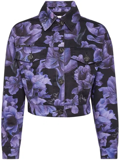 Philipp Plein Floral-print Cropped Denim Jacket In Black
