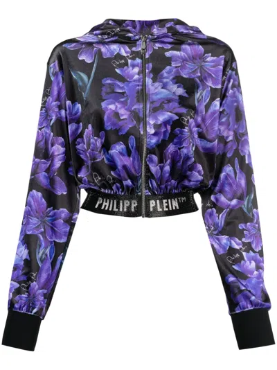 Philipp Plein Floral-print Cropped Hoodie In Black