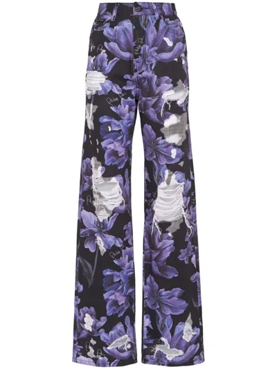 Philipp Plein Floral-print High-rise Wide-leg Jeans In Black