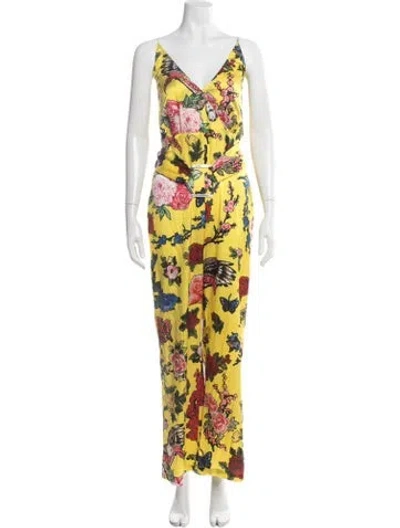 Pre-owned Philipp Plein Floral Print V-neck Jumpsuit In Yellow