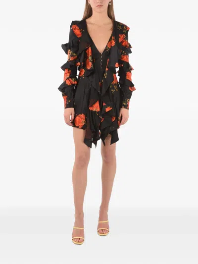 Philipp Plein Floral-print Ruffled Mini Dress In Black