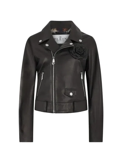 Philipp Plein Flower-detail Biker Jacket In Black