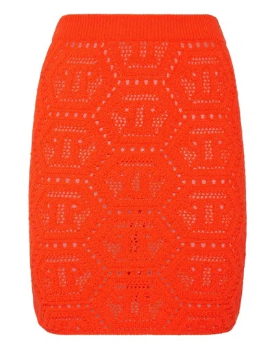 Philipp Plein Fluo Knit Mini Skirt Monogram In Orange