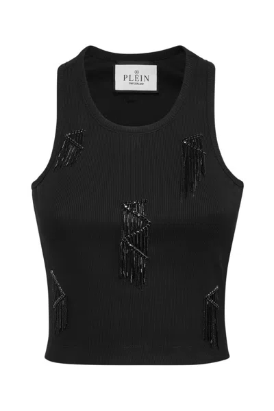 Philipp Plein Embellished Ribbed Sleeveless Cropped Tops In Black