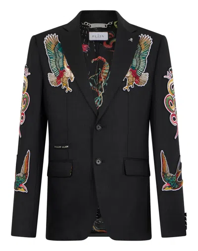 Philipp Plein Gigolo Fit Blazer Tattoo Embroidery In Black