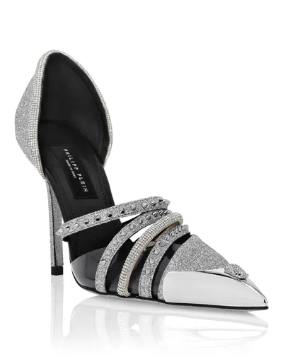 Philipp Plein Glitter & Suede Decollete Pumps In Silver