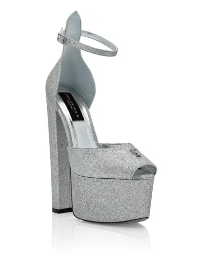 Philipp Plein Glitter Platform Sandals Hi-heels In Silver