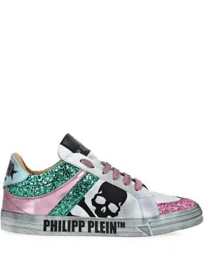 Philipp Plein Leather Lo-top Sneakers Skull With Crystals Women In Animal Print