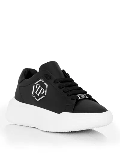 Philipp Plein Low-top Leather Sneakers With Hexagon Logo And Platform Sole In Black