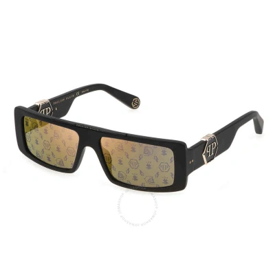 Philipp Plein Gold Logo Rectangular Men's Sunglasses Spp003m 703l 58 In Black / Gold