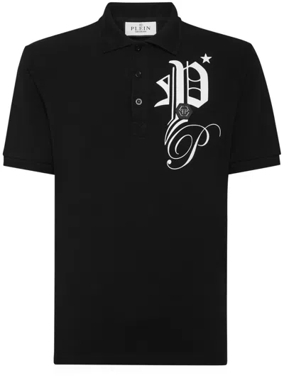Philipp Plein Cotton Polo Shirt With Monogram Logo And Three-button Placket In Black