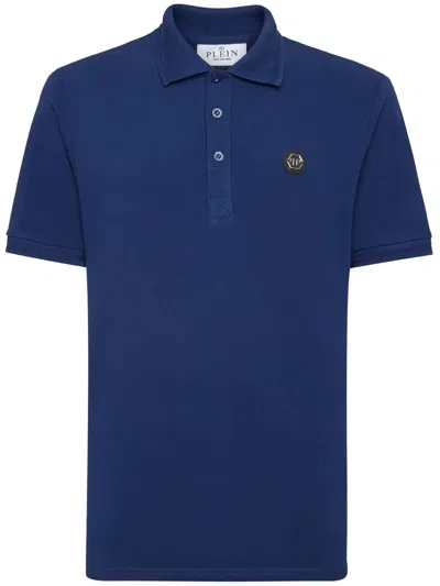 Philipp Plein Short-sleeve Cotton Polo Shirt With Skull Print And Logo In Blue