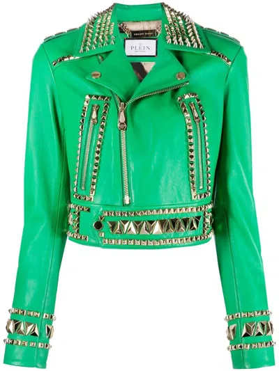 Philipp Plein Gothic Plein Cropped-bikerjacke In Green