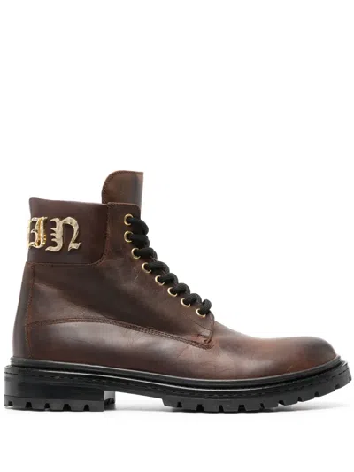 Philipp Plein Gothic Plein Lace-up Leather Boots In Brown